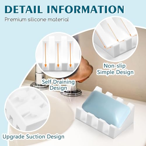 Silicone Soap Dish Self Draining with Suction Cups (White, 2 Pack) | Waterfall drainage design drains fast to keep soap dry silicone soap saver with reusable suction cups for bathroom & kitchen - color: White, size: 2