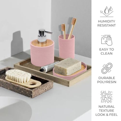 CERBIOR Bamboo Bathroom Accessories Set 6 Piece Spiral Bath Ensemble（Pink） | Includes Soap Dispenser, Toothbrush Holder, Toothbrush Cup, Soap Dish for Decorative Countertop and Housewarming Gift, Pink - style: Pink