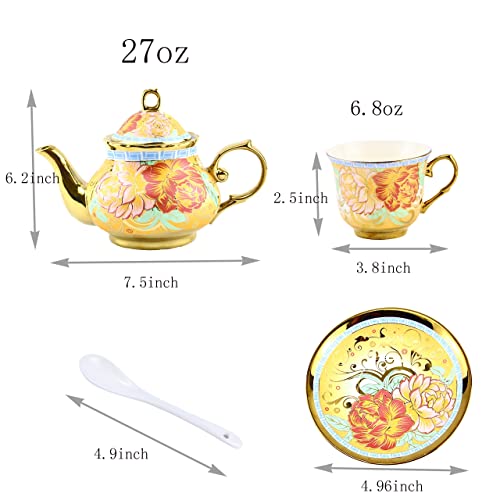20 Pieces Porcelain Tea Set With Metal Holder, European Ceramic tea set for adults,Flower Tea Set,Tea Set For Women With Flower Painting (Large version, Deep yellow) - color: Deep yellow