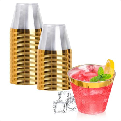 Goodluck 50PCS 9oz Gold Disposable Cups, Plastic Cups with Gold Rim | Cocktail Cups for Wedding, Party and Birthday - color: Gold-9oz, size: 50 Pack