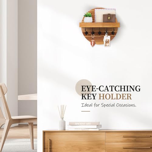 Nekon Key Holder Wall Mount, Key and Mail Organizer for Wall | 9.8 Inch Round Wooden Rustic Wall Organizer for Entryway, Hallway, Kitchen, Office