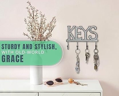 Comfify White Cast Iron Key Holder for Wall – Keys Sign with 4 Hooks | Clean white antique finish; mounting hardware included; entryway, hallway or door; 6"H x 8"L; holds 8 keychains - color: White