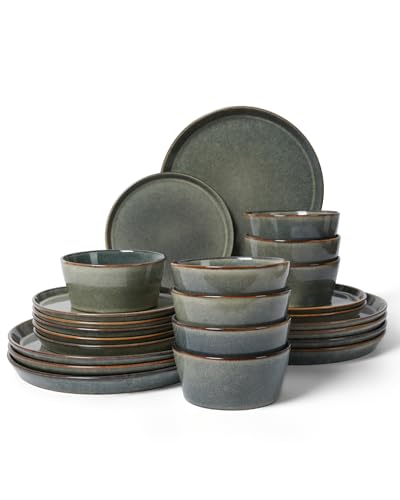 Dinnerware Sets, Microwave Safe Plates and Bowls Sets, Dishes Set for 8, Chip & Scratch Resistant Dinner Set, Handcrafted Farmhouse Dishware Sets, Green Wheat - color: Green Wheat, size: Service for 8-24Pcs