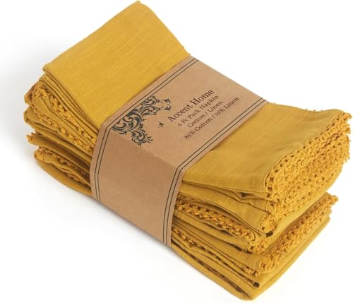ACCENTHOME Mustard Set of 6 18x18 inch Cotton Linen Dinner Napkins | Cotton Linen Blend Napkins, Machine Wash On Gentle Cycle, Economy Pack, Multi Purpose Use, Cotton - color: 04 - Mustard - Lace, size: 18" x 18" (Set of 6)