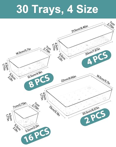 30Pcs Clear Plastic Drawer Organizers Set, 4size makeup drawer organizer trays for vanity,desk,bathroom,office,nightstand,gadgets for kitchen drawer, Versatile drawer divider storage bins - size: 30 Pcs