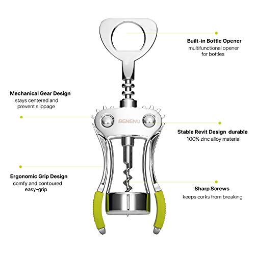 Beneno Wine Opener, Premium Wing Corkscrew Wine Bottle Opener, Green | Durable Solid Zinc Alloy Body, Precise Sharp-Edged Screw, Ergonomic Non-Slip Grip Wing Handle, Multifunctional Bottle Openers - color: Green