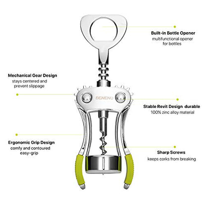 Beneno Wine Opener, Premium Wing Corkscrew Wine Bottle Opener, Green | Durable Solid Zinc Alloy Body, Precise Sharp-Edged Screw, Ergonomic Non-Slip Grip Wing Handle, Multifunctional Bottle Openers - color: Green