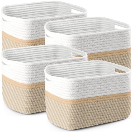4 Pack Storage Baskets for Organizing, 11''Lx9''Wx8''H Woven Baskets for Storage Toys, Towels, Books, and Clothes, Cotton Rope Basket for Shelves with Handle - color: White & Beige, size: Large