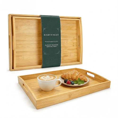 Bamboo Serving Tray Set of 2 with Handles, Nesting Wooden Serving Trays for Food & Drinks, Coffee Table Ottoman Tray for Living Room Decor, Large 16.9" x 12.7" x 1.5" & Small 15.6" x 11.7" x 1.5" - color: Natural - Arched Edge