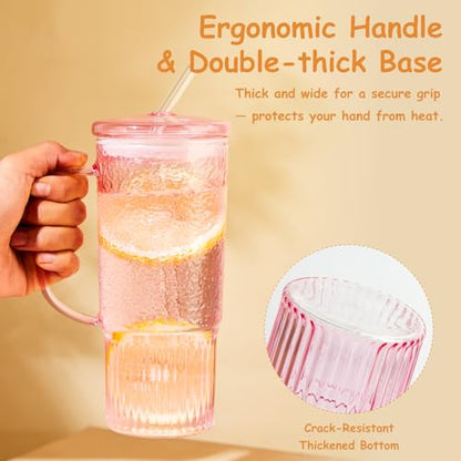 JunVpic Glass Tumbler, 24 oz Glass Cup with Lid, Straw and Handle | Pink glass design, Hammered Texture, reusable straw and lid for iced coffee, tea, smoothies and hot & cold drink - color: Pink, size: 24oz