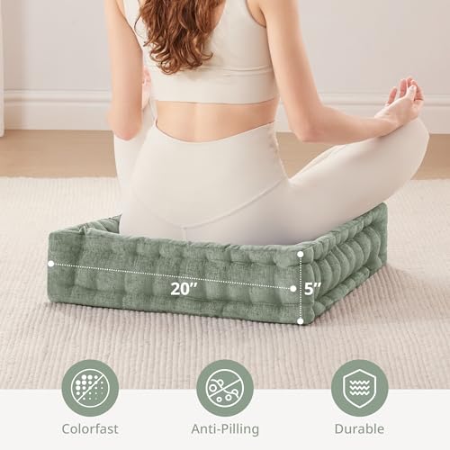 Intelligent Design Floor Pillow Meditation Cushion, 20x20 Desert Sage | Sitting for Adults Yoga, Shredded Foam Filled, Chenille Tufted Cover, Handsewn Scalloped Edge, OEKO-TEX Certified - color: Desert Sage