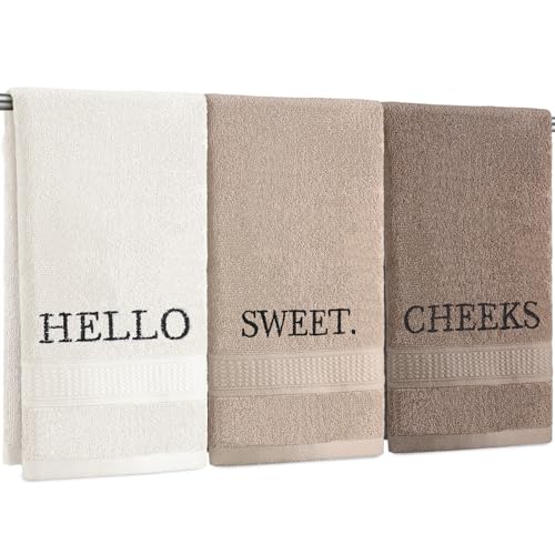 3 Pcs Farmhouse Decorative Hand Towels for Bathroom and Kitchen Rustic Embroidered Cotton Hand Towels Decorative Set for Boho Bathroom Decor(Brown,Hello Sweet Cheeks) - color: Brown, style: Hello Sweet Cheeks