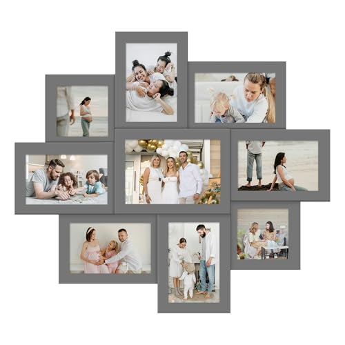Jerry & Maggie 9 Opening Picture Frames Collage Wall Decor, Vintage Modern Farmhouse Gallery Wall Decor, Hanging Photo Frames Set, Holds 4×4, 4×6 & 5×7 Photos, Ashes - color: Ashes