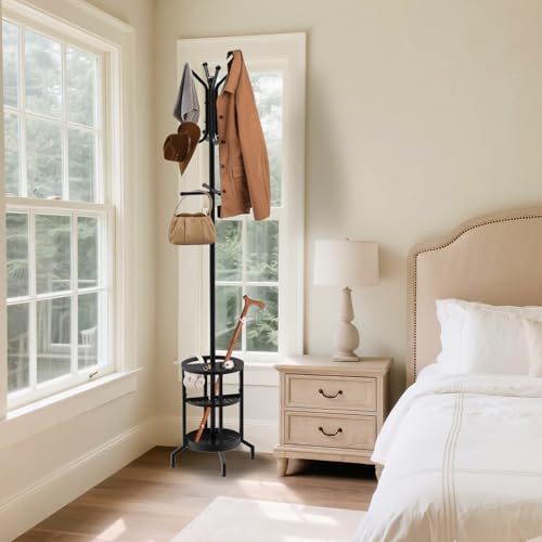 Coat Rack with Umbrella Holder, Coat Rack Freestanding | Metal Coat Tree with 12 Hooks, Coat Hanger Stand for Entryway, Umbrella Coat Rack for Bedroom, Living Room & Office
