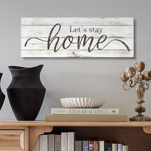 Let's Stay Home Sign 6"x17" Wood Grain Canvas Print Plaque - color: AA25-58-Let's stay home, size: 17"L x 6"W