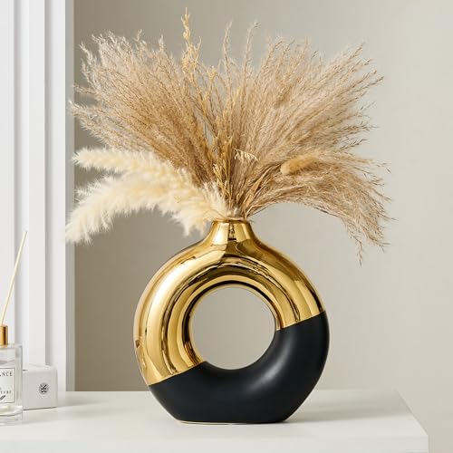 FJS Black and Gold Decorative Vase, Round Vase Centerpiece for Table Decor | Ceramic Black and Gold Vase for Pampas Grass, 8" L x 8" H Round Centerpiece for Living Room Decor, Coffee Table, Shelf Decor - color: Black & Gold, size: Large(8" L x 8" H)