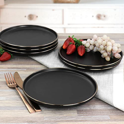 Elama Paul 6 Piece Stoneware Salad Plate Set in Matt Black with Gold Rim (Arthur Paul Salad) - color: Matte Black, size: 6 Piece Set