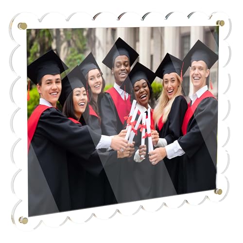 8x10 Acrylic Picture Frame, Frameless Photo Frame with Scalloped Edge | Wall Mount Clear Frame, Floating Acrylic Frame for Diploma Certificate Degree Document & Poster/Painting/Artworks Display - color: Gold Screw, size: 8X10 Scalloped edge