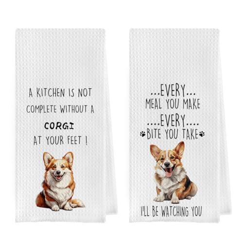 Funny Corgi Dish Towels Set - Corgi Gift Waffle Weave Kitchen Towels, Dog Decorative Hand Tea Towels for Bathroom Kitchen (16×24 Inches Set of 2) - color: Corgi