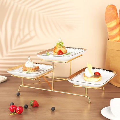Three-Tier Ceramic Plate Rack - A Foldable Gold-Rimmed Plate Rack with Three 10.6-inch Gold-Rimmed Plates for displaying Food, Fruit, Desserts, and Serving Guests. - color: 3-tier 10.6 Inch Serving Rack