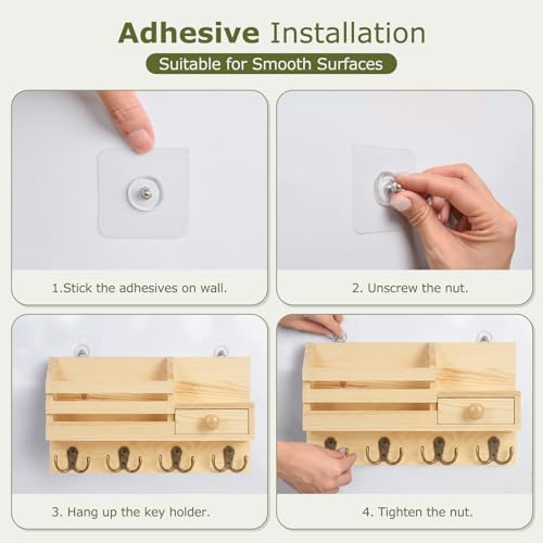 Key Holder Wall Mount, Wooden Key and Mail Organizer, Natural | 2 Mount Options, Includes 8 Hooks, Fence Mail Slot, Small Drawer and Shelf, for Entryway, Hallway, Doorway, Living Room, RV - color: Natural