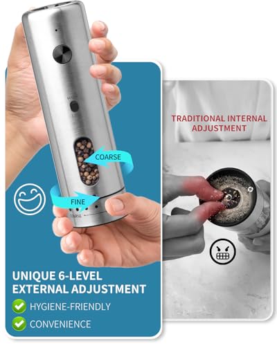 CIRCLE JOY Electric Salt and Pepper Grinder Set with Rechargeable Base Upgraded Stainless Steel Automatic Salt and Pepper Shakers with 2 Grinding Speeds, External Adjustment and 110ml Capacity, Silver - color: External Adjustment Silver