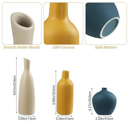 JINGIHE Ceramic Vase Set of 3, Modern Flower Vases Farmhouse Home Decor | Small White Burnt Orange Blue Terracotta Pots, Coffee Bar Accessories for Living Room Bathroom Centerpieces Mantel