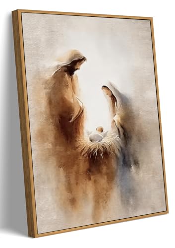 Framed Christian Wall Art Holy Family Nativity Canvas Print 8x10 Inch | Jesus Mary Joseph Religious Painting, Neutral Manger Scene, Gold-Tone Frame, Ready to Hang in Prayer Room, Bedroom or Church - color: Ethereal Figure, size: 10"L x 8"W