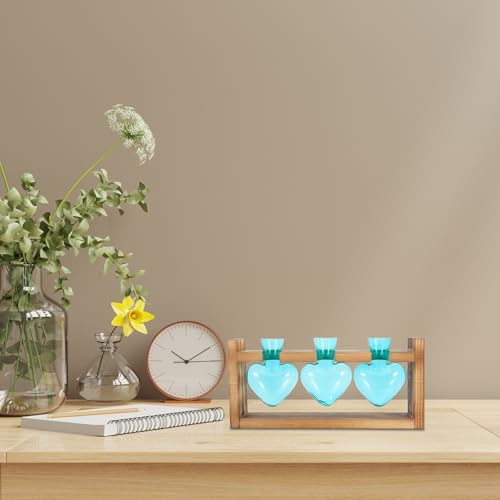 NUOBESTY Plant Propagation Station with Wood Stand Heart Shaped Glass Propagation Vase Set Hydroponic Plant Terrarium for Cuttings Desktop Home Office Garden Decor