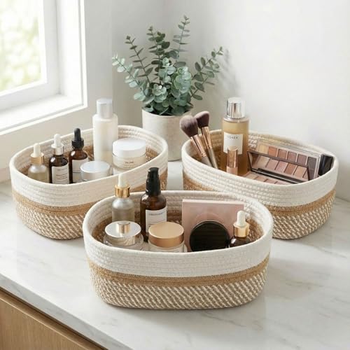 Beautiful Storage Basket Set of 3 - Sturdy Rope Baskets for Shelves | Perfect for Organizing Your Home - Quality Storage Bins Easily Fit with Any Nursery or Bedroom Decor - color: Beige-Brown