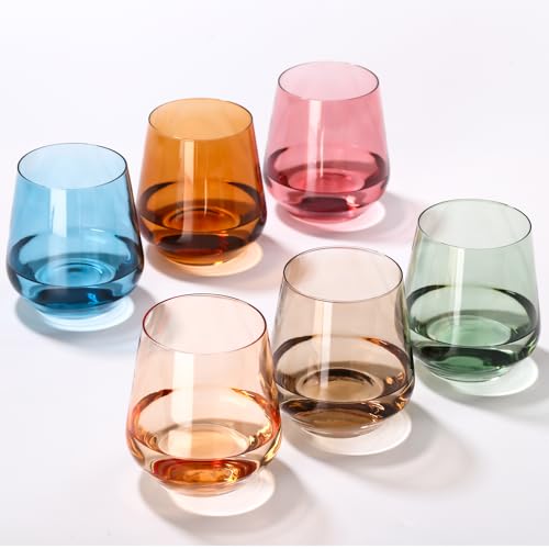 Color Stemless Wine Glass Set of 6-17oz Wine Glasses, Stemless Drinking Glasses for Wine, Cocktails & Beverages - Elegant Glassware for Home, Bar & Holiday Use - color: Multicolor, size: 17oz