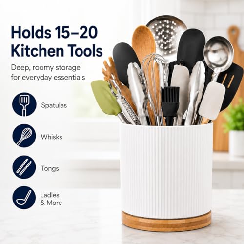 360 Rotating Cooking Utensil Holder,Kitchen Utensil Holder for Countertop | Utensil Crock for Kitchen Counter with Rotatable Wooden Base,Ideal Gifts for Housewarming Home Chefs and Cooking - color: white