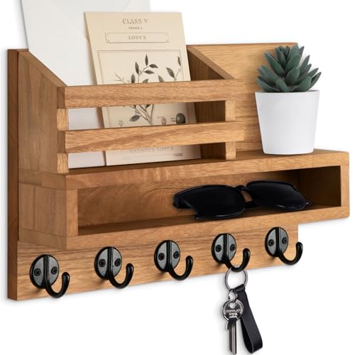 Key and Mail Holder Wall Mount, Key Holder with Long Storage Box | Key Hanger with Mail Slot,5 Key Hooks for Coat, Dog Leash, Home Decor Rack, House Accessories, Entry Way Organizer - color: Light Brown, size: Standard - 11.8 Inch
