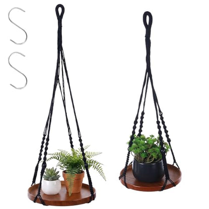 Macrame Plant Hanger 2 Pack, Hanging Planter Shelf Set with Wood Tray for Indoor Plants, Boho Home Decor (Black, Large & Medium)