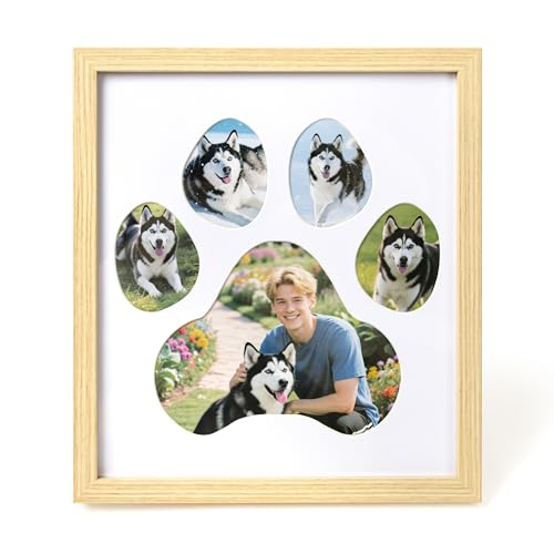 Dog Paw Print Photo Collage Frame, Holds 5 Pictures of Pets & Owners, Ideal Gift for Dog Lovers Moms & Dads, Natural Finish Pet Memorial Keepsake and Wall Décor, 10.24" x 11.4" - color: Natural, size: Pack of 1