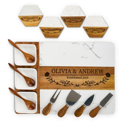 AWESOMETIK Luxury Personalized Acacia Wood & Marble Cheese Board – Custom Engraved Charcuterie Board with Knife Set – Bridal Shower & Housewarming Gift