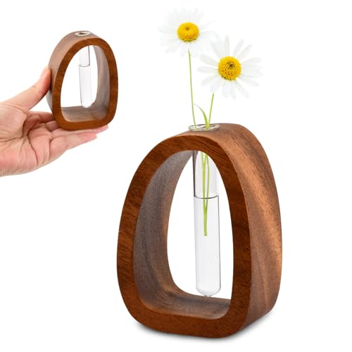Solid Wood Frame Glass Test Tube Vase Desk Hydroponic Plant,Modern Decorative Hydrophilic Plants Vases,Mini Propagation Station for Hydroponic Plants,Desktop Home Office Decor