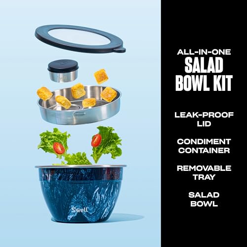 S’well Stainless Steel 64oz Salad Bowl Kit, Azurite Color, Includes 2oz Condiment Container and Removable Tray, Leak-Proof, Easy to Clean, Dishwasher Safe - color: Azurite Marble, size: 64oz