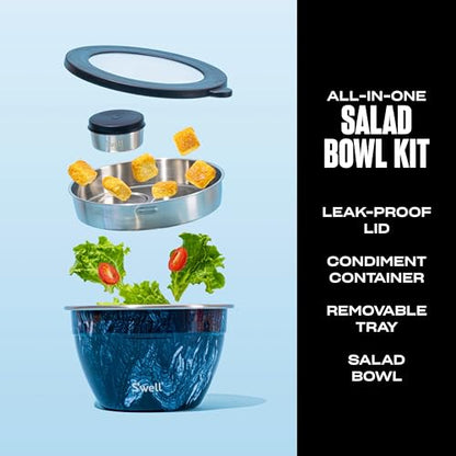 S’well Stainless Steel 64oz Salad Bowl Kit, Azurite Color, Includes 2oz Condiment Container and Removable Tray, Leak-Proof, Easy to Clean, Dishwasher Safe - color: Azurite Marble, size: 64oz