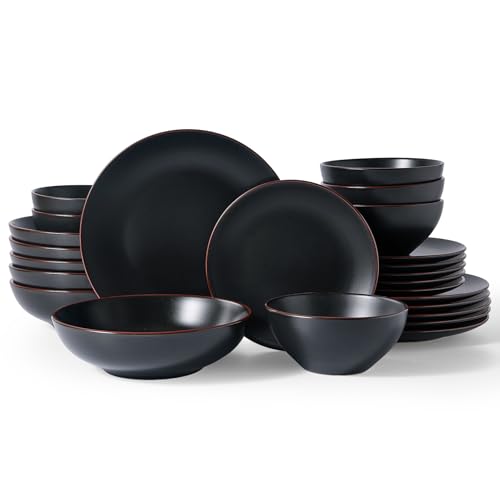 Famiware Venus Stoneware Dinnerware Sets with Pasta Bowls, Dishes Set for 6 | 24-Piece Ceramic Plates and Bowls with Rim, Chip‑Resistant, Everyday & Formal Use, Microwave & Dishwasher Safe, Matte Black - color: Black, size: Serves 6 (24pc w/ Pasta Bowl)