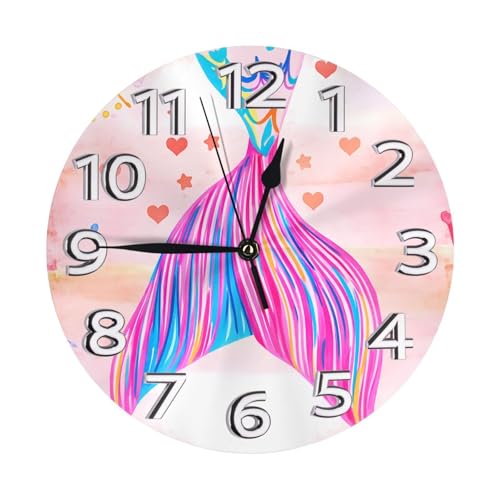 Silent Non-Ticking 10-Inch Wall Clock Mermaid Tail Watercolor Rainbow Round Decorative Quartz Clock for Living Room,Bedroom,Kitchen - style: Mermaid Tail
