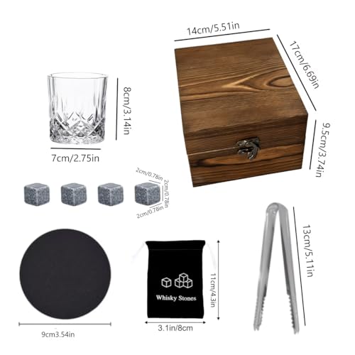 Personalized Engraved Whiskey Glass Gift Set, Custom Whiskey Stones Set with Wooden Box, Granite Chilling Rocks Tongs, Unique Gifts for Men Dad Groomsmen Birthday Father's Day