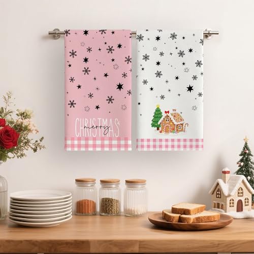 Gingerbread House Xmas Tree Merry Christmas Kitchen Towels Dish Towels, 17x27 Inch Daily Seasonal Winter Decoration Funny Hand Towels Set of 2, Winter Cute Farmhouse Decor (House) - color: House