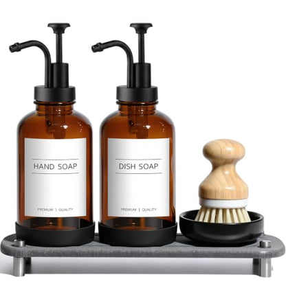 Kitchen Soap Dispenser, 16.9 oz/500 ml Amber Soap Dispenser, Hand and Dish Soap Dispenser Set, Dish Brush, Refillable, for Daily Kitchen Cleaning