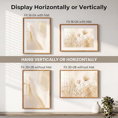Acovy 20x28 Picture Frame, Natural Solid Teak Wood 20"x28" Photo Frame for Wall, Handcrafted Wooden Poster Frame 20 x 28 Matted to 16x24, High Definition Tempered Glass, Wall Hook Included, Natural Teak - color: Teak, size: 20"x28"