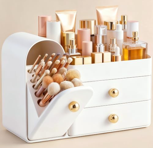 HBlife Makeup Organizer Countertop with Drawers, Vanity Organizers with Brush Holder, Bathroom Counter Organizer for Perfume, Nail Polishes, Lipsticks, Skincare and Eyeshadow Palettes, White - color: All White