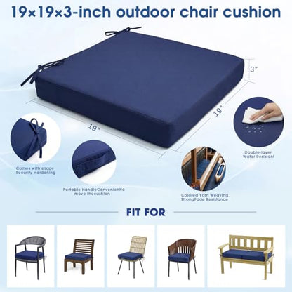 Outdoor Chair Cushions Set of 4, 19x19 Waterproof Patio Pads, Navy Blue | Fade resistant fabric with ties, handle and 3-inch foam for dining seats, decks, porches, gardens and hard seating - color: Navy Blue