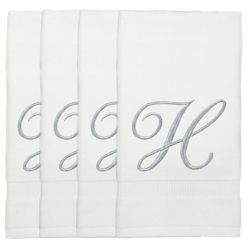 Monogrammed Fingertip Towels, Personalized Gift, 11 x 18 Inches - Set of 4 - Silver Script Embroidery - Extra Absorbent 100% Turkish Cotton- Soft Terry Velour- for Bathroom, Kitchen and Spa- H White - style: Initial H