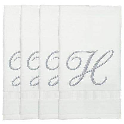 Monogrammed Fingertip Towels, Personalized Gift, 11 x 18 Inches - Set of 4 - Silver Script Embroidery - Extra Absorbent 100% Turkish Cotton- Soft Terry Velour- for Bathroom, Kitchen and Spa- H White - style: Initial H