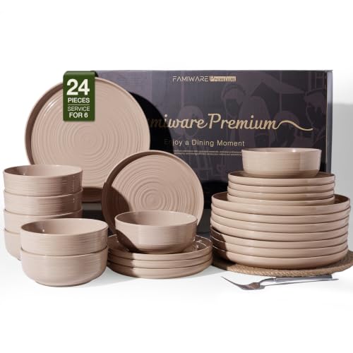 Stoneware Dinnerware Set for 8, Plates and Bowls, Brown | 24 pcs Speckled Spiral Coupe Dishes, Chip & Scratch Resistant Everyday Ceramics, Microwave & Dishwasher Safe, Farmhouse Style - color: Cinnamon Brown, size: Service for 8 (24pc)
